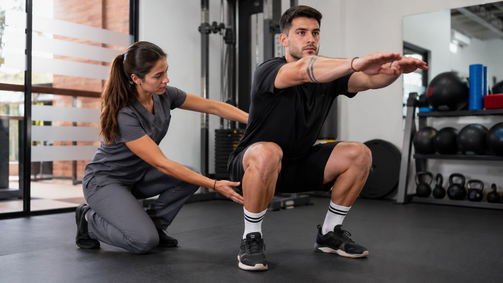 Kinesiólogo guiando sentadilla asistida en rehabilitación
