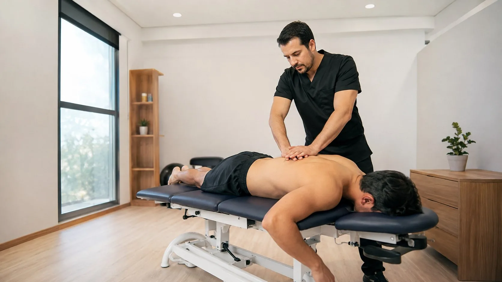 Técnica osteopática manual sobre la zona dorsal, con el paciente en camilla. Ilustración generada digitalmente; no es una fotografía del centro ni de su equipo.
