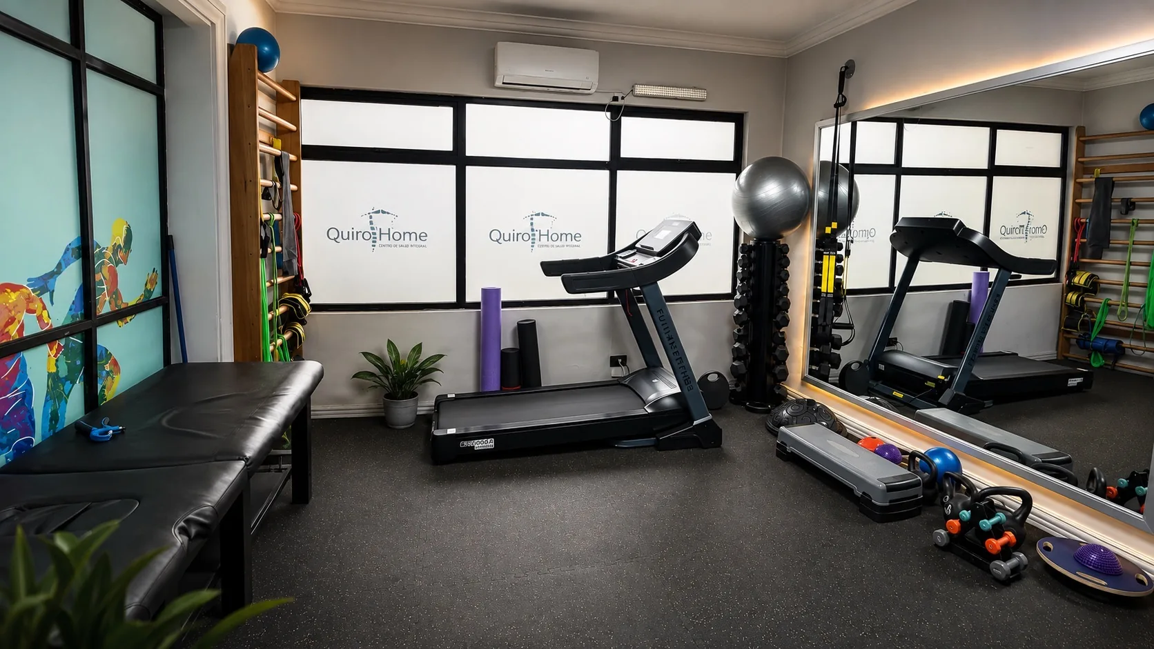 Sala de kinesiología de QuiroHome Chillán con trotadora, mancuernas, balón, bandas de suspensión y colchonetas