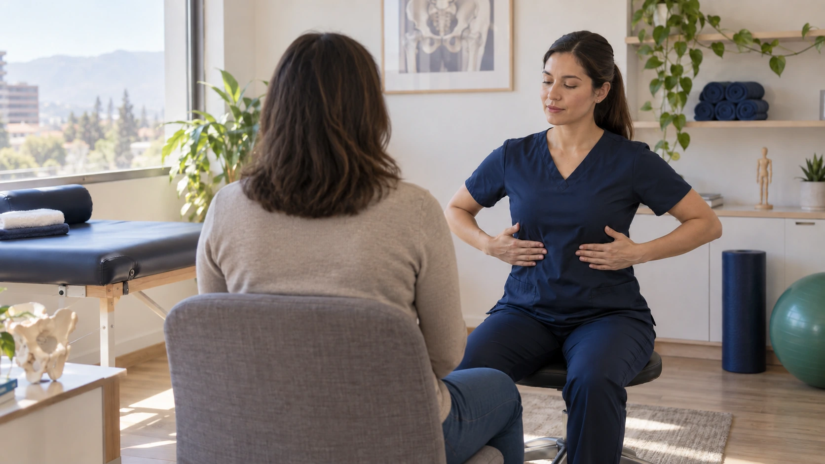 Kinesióloga explicando una pauta respiratoria a una paciente sentada de espalda en una consulta, sin contacto físico. Ilustración generada digitalmente; no es una fotografía del centro ni de su equipo.