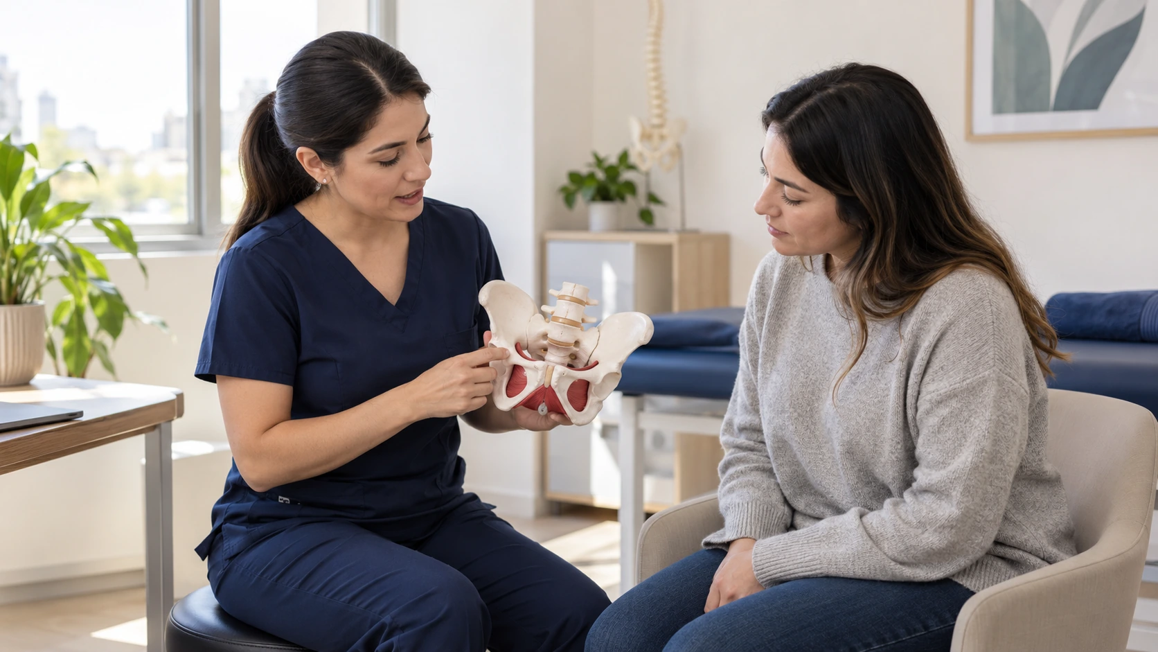 Kinesióloga explicando el piso pélvico con un modelo anatómico de la pelvis durante una consulta. Ilustración generada digitalmente; no es una fotografía del centro ni de su equipo.